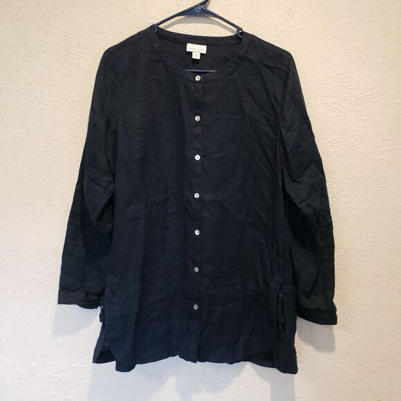 J Jill Tunic Womens Medium Navy Blue Love Linen Round Neck Tie Hem Split M - Picture 1 of 11